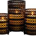 Metal Candle Holders Set of 3, Decorative Tealight Candle Holder Sets, Candlestick for Pillar Vintage Style Perfect for Tabletop Centerpieces Home Decor Wedding Parties Events (Pattern Shape, Black&Gold)