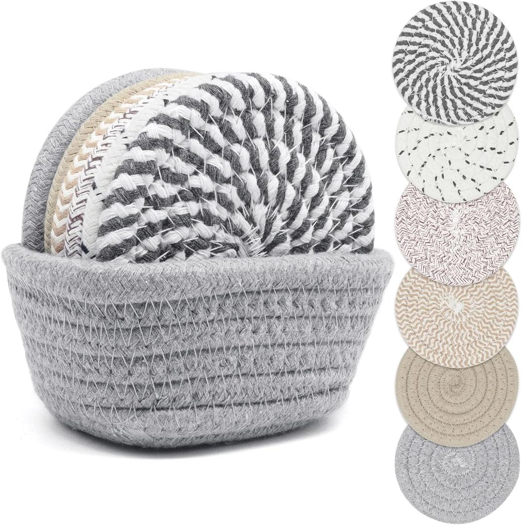 Drink Coasters with Holder, Thick Woven Drinking Coasters for Kinds of Cups, Absorbent Coaster Sets for Tabletop Protection, Home Decor for Table, Coasters Set of 6 (Mix Color)