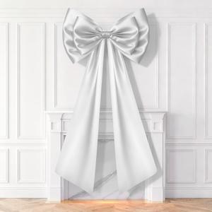 Giant Bow Christmas Decorations, Double-layer Satin Bows for Coquette Room Decor, Christmas Tree Topper Bow for Home Wreath Wall Backdrop Birthday Wedding Party Decor (White Bow, 24 x 36 Inches)