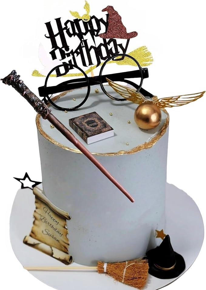 Magical Wizard Party Decoration Supplies,12PCS Wizard Cake Toppers includes glasses, golden balls, wings, broom, hat, book, wand accessories