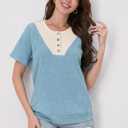 Womens Tops Summer Sweaters Short Sleeve Patchwork V Neck Henley Shirts 2026 Dressy Casual Business Tunic Blouses (Blue, L)