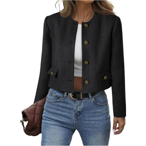 Cicy Bell Womens Cropped Tweed Blazer Collarless Button Down Bomber Jacket Business Casual Fall Outfits S