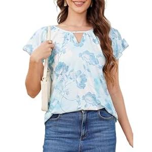 ENMAIN Womens Summer Tops V Neck Short Sleeve Casual Ruffle Blouses Dressy Light Blue Floral Tops Work Business Shirts 2026 Trendy Outfits to Wear with Leggings 2XL