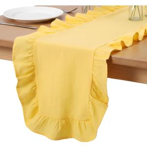 Oudain Yellow Ruffle Table Runner Cotton Fabric 118 x 13.8'' Farmhouse Rustic Ruffled Edge Table Runner Wedding Decor for Spring Baby Shower Bridal Shower Party