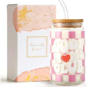 WODOHOLO Christmas gift Mom Drinking Cup with Lid and Straw, 16oz Coffee Can Glass Cups, Cool Moms Club Cup from Daughter and Son, Christmas Birthday Present Ideas for Mother, New Moms, Mom To Be (Pink)