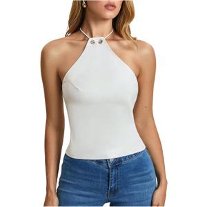 MakeMeChic Women's Tie Backless Halter Crop Tops Sleeveless Fitted Going Out Tank (White, S)