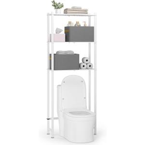 Over Toilet Bathroom Organizer - 3-Tier Bamboo Behind The Toilet Bathroom Organizer Shelf Freestanding Toilet Rack Space Saver for Bathroom Laundry Home, Easy Assembly with 2 Storage Bags (White)