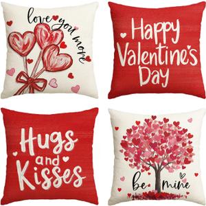 AVOIN colorlife Happy Valentine's Day Heart Lollipop Bouquet Throw Pillow Covers, 18 x 18 Inch Love You More Hugs and Kisses Red Anniversary Wedding Cushion Case Decoration for Sofa Set of 4