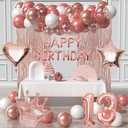 Pack of 3 13th Birthday Decorations For Girls-Rose Gold 13 B-DAY Girl Decorations Include Rose Gold White Balloons, Happy Birthday/Love Crown 13 Number Foil Balloons, Tablecloth,Fringe Curtains