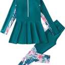 IDOPIP Muslim Swimsuit for Girls Kids Islamic Swimwear Full Cover Long Sleeve Burkini Top Pants Two Piece Modest Bathing Suit Sets Toddler Swim Dress Beachwear Rash Guard UPF 50+ Green 12-14 Years