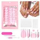 60Pcs Light Pink French Tip Press on Nails & Press on Toenails Set, Square Fake Nails Kit with Nail Glue, 15 Sizes Acrylic Full Cover Toe Nail Press Ons Stick on Nails for Women DIY Home Manicure