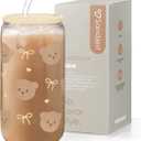 Bear Glass Can, Iced Coffee Aesthetic Cup, Gift for Christmas Birthday, Gifts for Women Girls, 16oz