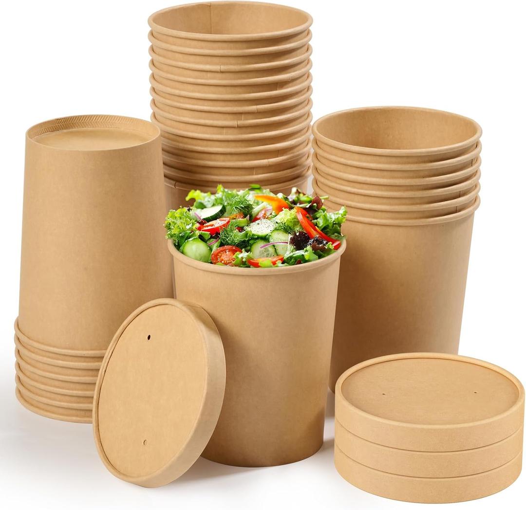 JOLLY CHEF 50 Pack Disposable Soup Bowls with Lids, 16 oz Paper Meal Prep Containers with Lids, Disposable Soup Cups for Stews, Sorbet and Salads