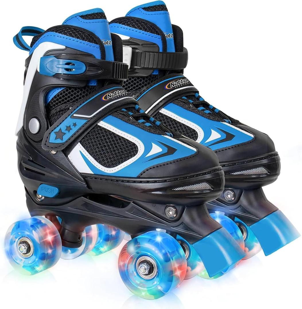 Nattork Kids Roller Skates for Boys Girls Kids, 4 Sizes Adjustable Quad Skates with All Light up Wheels - Birthday Gift for Indoor Outdoor Sports (Small(10C-13C), Blue)