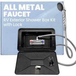 RV Exterior Shower Box Kit with Lock, All-Metal Outdoor Faucet with 59" Hose, 360° Swivel Adapter, UV-Resistant & Rust-Free Outside Shower Station for Camper, Travel Trailer, Motorhome, Boat