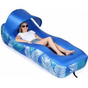 Inflatable Lounger with Sun-Shade Tent,Inflatable Couch with Pillow, Waterproof Beach Bed Camping Chair Air Sofa for Hiking Backyard Lakeside Travel Beach Park Picnics & Music Festivals（Blue）