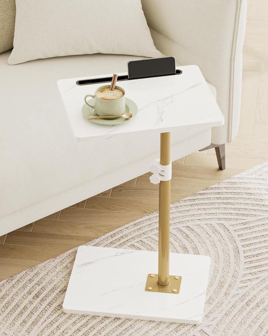 Masupu Sofa Arm Tray Table - 360 Swivel Height Adjustable End Table, Small Snack Side Table for Couch, C Shaped Table for Bed, Chair or TV Tray Table(Marble White and Gold)