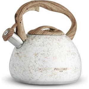POLIVIAR Tea Kettle, Iron Grey Tea Pot Stovetop, 2.7 Quart Loud Whistling Coffee and Teapot, Food Grade Stainless Steel for Anti-Hot Handle and No-Rust, Suitable for All Heat Sources (JX2020-YB30) (White Gold)
