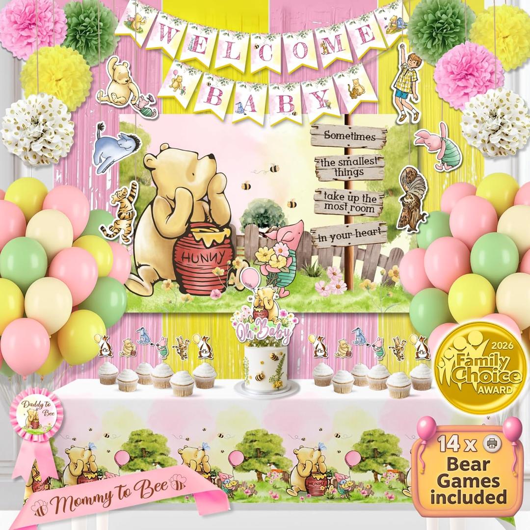 Winnie Baby Shower Decorations Pink  the Pooh Balloons, Backdrop, Welcome Baby Banner, Tablecloth, Cake Toppers, Pompoms, Sash & More  Classic Pooh Baby Shower Theme Party Decor