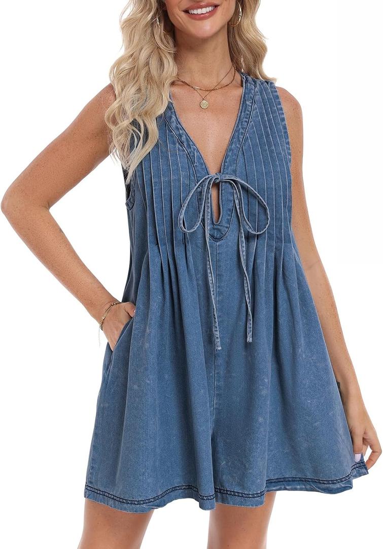 Women's Casual Summer Sleeveless Denim Romper Tie Front V Neck Ruffle Jean Short Overall With Pockets (Medium, Dark Blue)