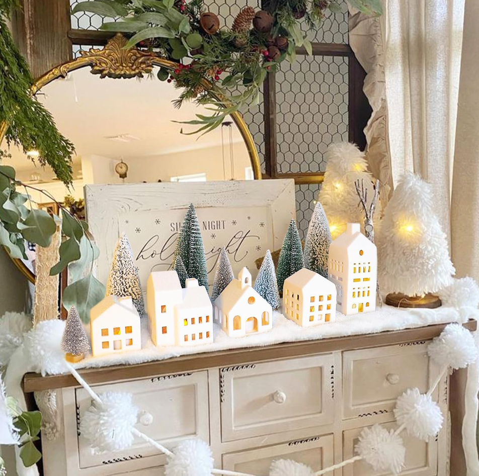 Leinuosen Set of 6 White Ceramic Christmas Village Houses Tabletop 5.1" Small Porcelain Winter Town Figurines for Farmhouse Rustic Xmas Tree Ornaments Holiday Centerpiece Mantel Shelf Decorations
