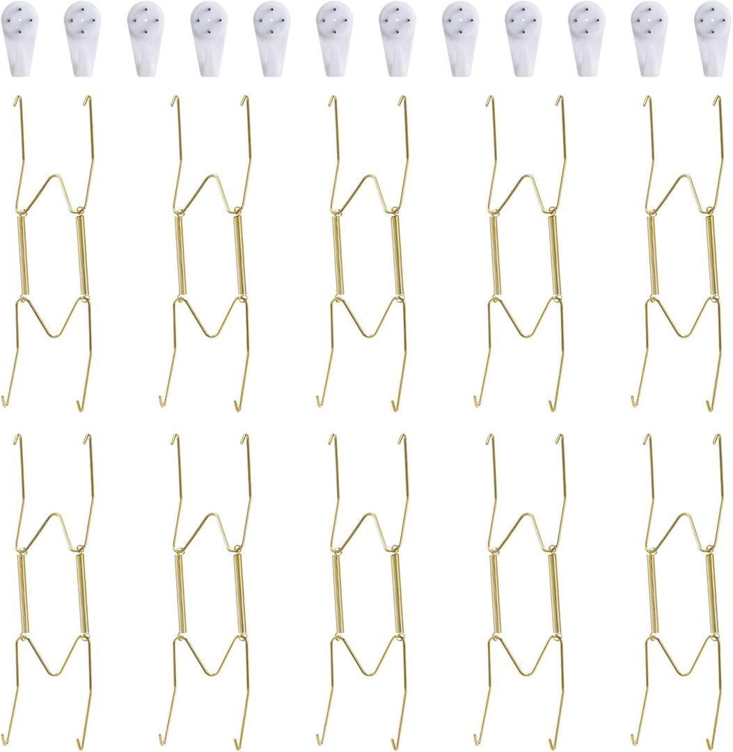 10-Piece Brass Plate Wall Hangers, 8 Inch Invisible Decorative Plate Holders, Comes with 12-Piece Wall Hooks (Gold)