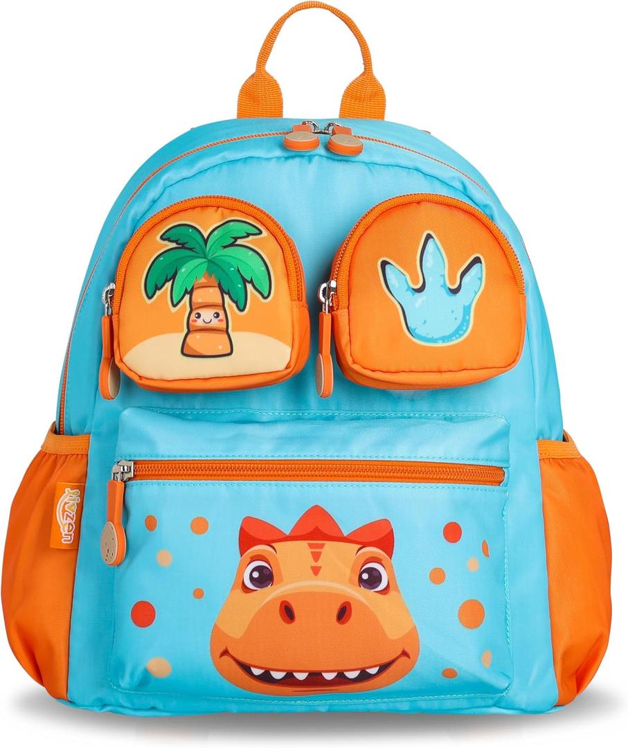 Blue Dinosaur Toddler Backpack, 12-inch, for boys and girls aged 2-5. Features detachable 3D pouch, toys and safety leash,kindergarten and preschool, Perfect Christmas or birthday gifts