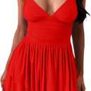 eoeoo Women's Sexy V Neck Ruffled Hem Mesh Sleeveless Ruched Spaghetti Strap Flowy Mini Dress (Red, L)