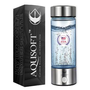 AQUSOFT Portable Alkaline Hydrogen Water Bottle with SPE PEM Technology | Type-C USB Rechargeable Hydrogen Rich Water in 3 Minutes | Borosilicate Glass Water Cup | 2-in-1 Usage Modes | 420ml