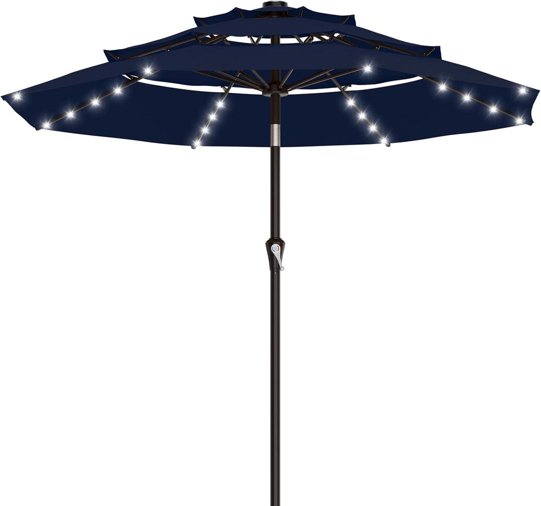 AreShark 9ft 3 Tiers Patio Umbrella with Solar Lights, Outdoor Umbrella w/ 32 LED Lights&8 Sturdy Ribs, Table Umbrella for Deck, Backyard, Pool (Navy)