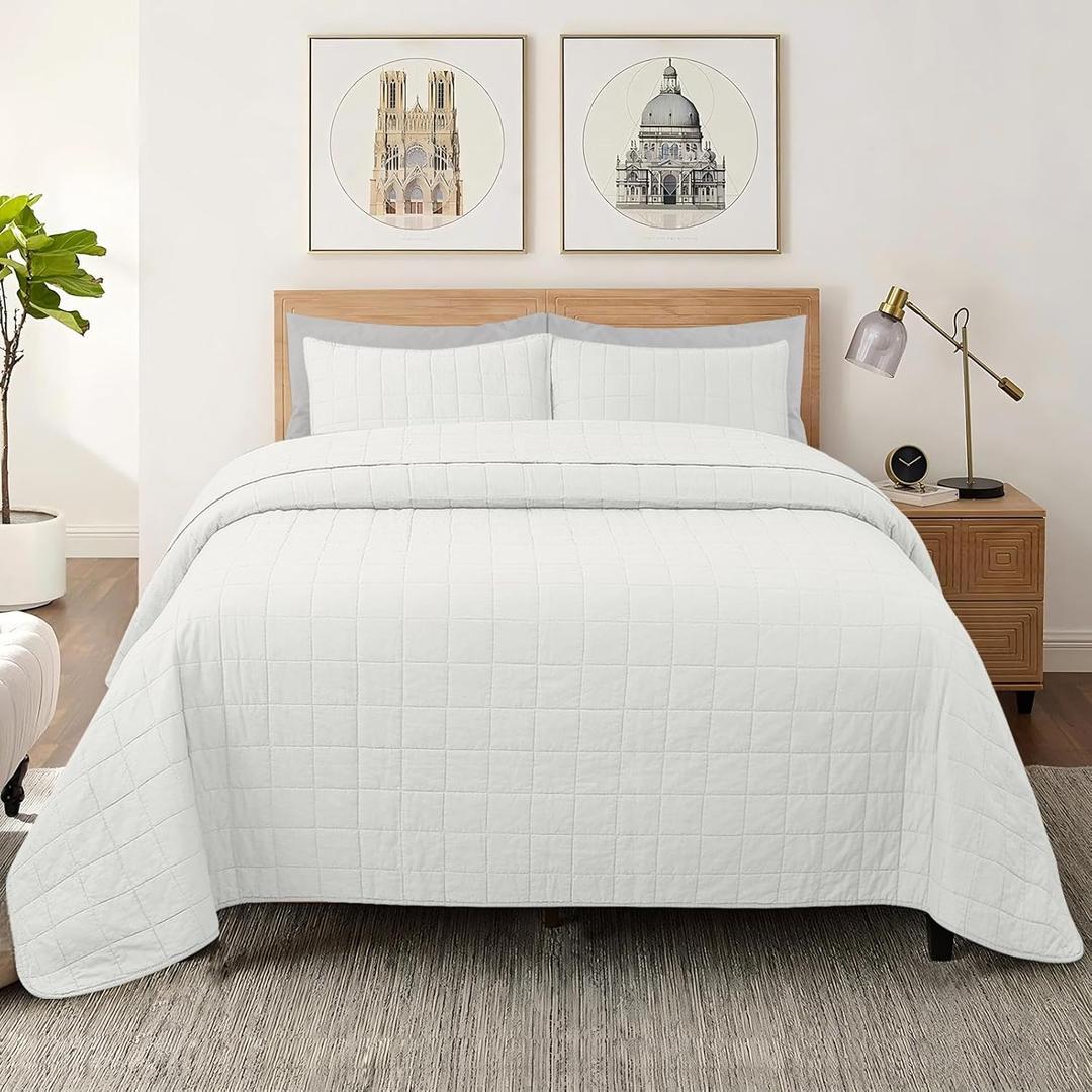 100% Cotton Quilt Sets Cal King Size - Soft Lightweight Quilt Bedding Set for Bedroom Decor-Bedspread in Geometric Pattern with 2 Pillow Shams for All Season, 110x120 inches (White)