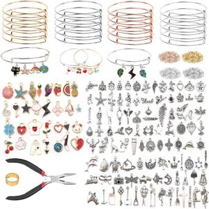 Bangle Bracelets Making Kit 317 Pcs Charm Bracelet Making Kit with Expandable Bangles, Colorful Charms, Jump Rings and Pliers for for DIY Jewelry Crafting