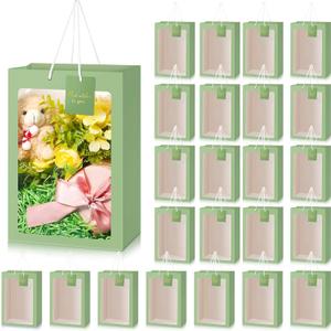 Yahenda 24 Pcs Gift Bags with Clear Window for Mother's Day 13.8 x 9.8 x 5.9 Large Transparent Paper Flower Bouquet Bags Totes with Handle for Graduation Wedding Birthday(Sage Green)