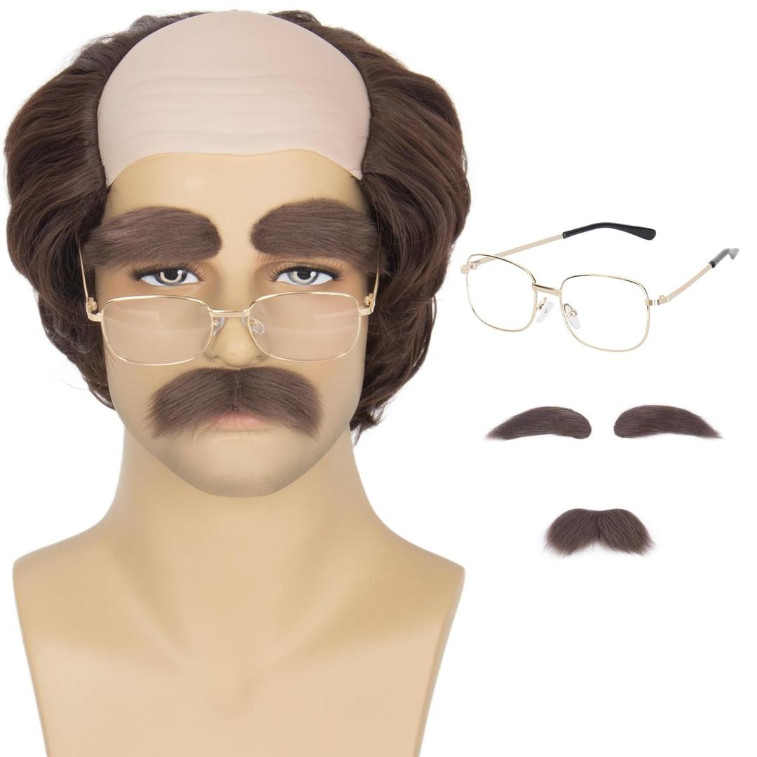Miss U Hair Old Man Wig and Mustache Eyebrows Funny Wigs Short Brown Bald Cap With Hair On Sides Balding Grandpa Wig