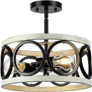 Farmhouse Semi Flush Mount Ceiling Light,3-Light Industry Oak White Sloped Ceiling Light Fixtures D13 Inches Rustic Metal Light Fixture for Entryway Foyer Hallway Kitchen Dining Room