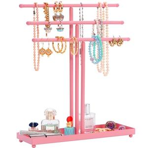 AUTODECO Jewelry Organizer Stand 3 Tier Tabletop Bracelet Rings Watches Necklace Display with Tray Great for Women Pink