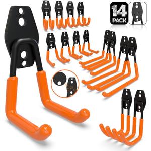 3-H Garage Wall Hooks 14 Pack, Garage Hooks Heavy Duty with Extra Welding Spots, Wall Mount Storage Organizer for Hanging Garden Lawn Tools Ladder Bike WeedEater Chair Shovel Blower (Orange)
