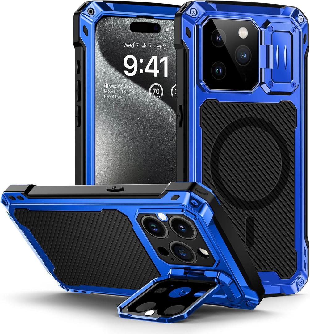 Lanhiem for iPhone 15 Pro Max Metal Case, [Built-in Camera Kickstand & Glass Screen Protector] Protective Heavy Duty Full Body Military Rugged Shockproof Magnetic Cover (Blue)