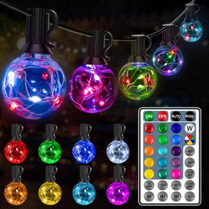 Ollny Outdoor Lights 30FT 30Bulbs, RGBW Color Changing String Light, Plug in Remote Waterproof Shatterproof Timers G40 Patio Lights for Outside Balcony Porch Camping Deck Yard