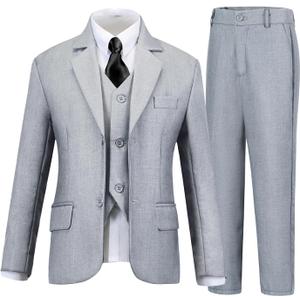 Boys Suits 5 Piece Formal Suit Set Slim Fit Formal Dress Clothes Ring Bearer Outfit for Kids (7, Light Grey-tie)