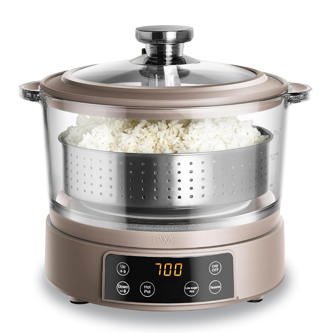 COOK WITH COLOR 3L Glass Mini Low Carb Rice Cooker Holds 2 Cups Raw/Makes 6 Cups Cooked with Auto Lift Filter Basket, Hotpot & Steamer for Rice, Grains, Digital Panel with Keep Warm, Goat/Mink