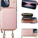 Bocasal Crossbody Wallet Case for iPhone 13 Pro Max, RFID Blocking Leather Purse Case with Card Holder, Protective Handbag Flip Cover with Zipper Wrist Strap Lanyard for Women 5G 6.7 Inch (Rose Gold)