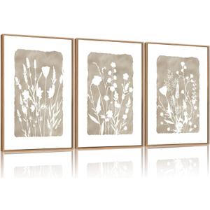 FWIEXA Neutral Botanical Canvas Wall Art Set 3, Minimalist Boho Wildflowr Framed Prints, Beige Floral Paintings, 16x24In Rustic Plant Artwork Poster for Farmhouse, Gift, Living Room, Bedroom, Office