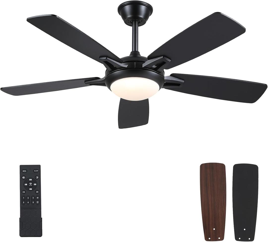 52 Inch Ceiling Fans with Lights and Remote, Modern Indoor Outdoor Ceiling Fan for Bedroom Living Room Patio Porch, 6 Speeds, Reversible Quiet Motor, Dual Finish Wooden Blades, Black