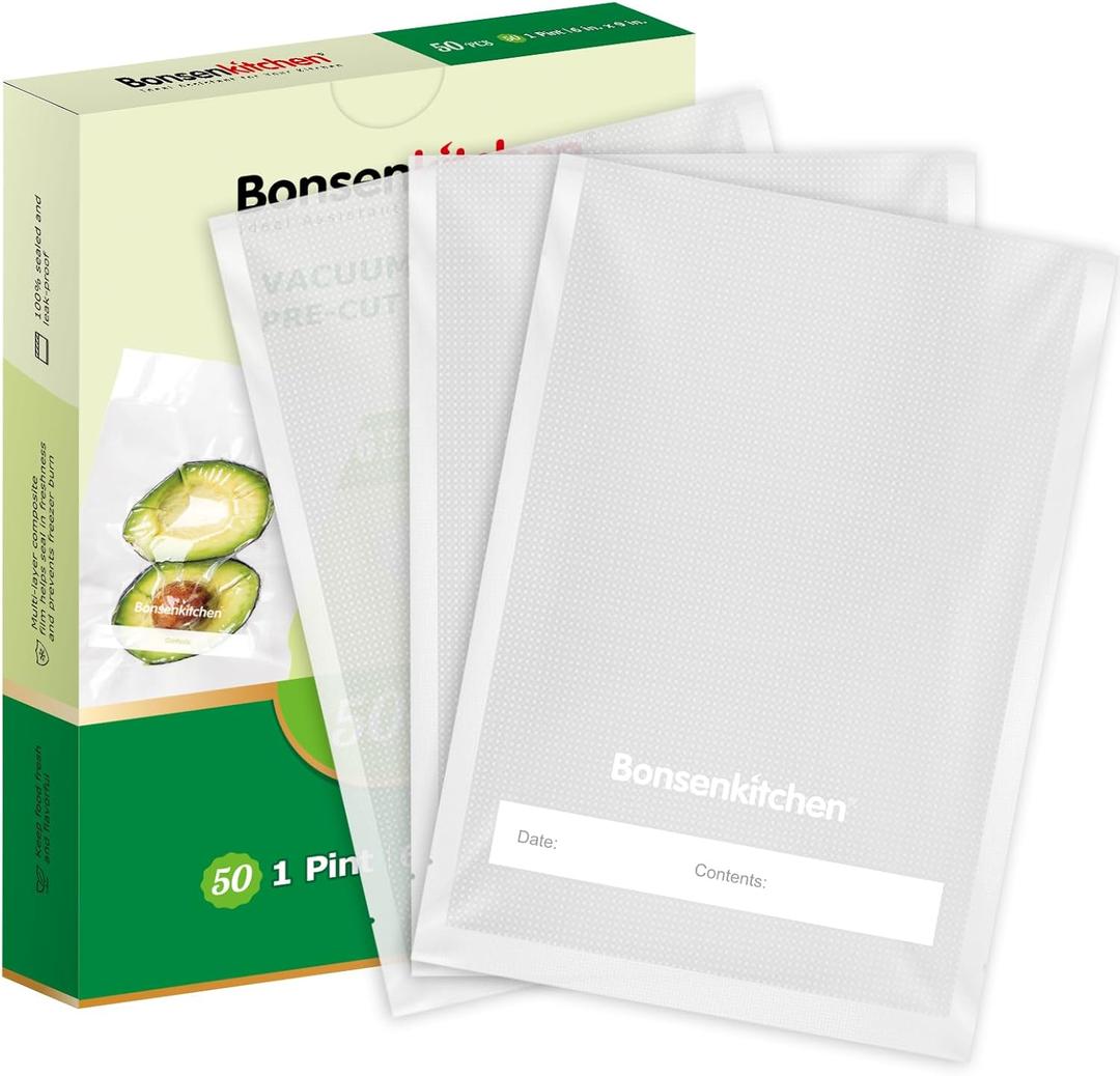 Bonsenkitchen Precut Vacuum Sealer Bags, 50 Pint 6" x 9" Food Sealer Bags, Food Grade, BPA Free, Heavy Duty, Customized Size Vacuum Bags for Vac Storage, Meal Prep or Sous Vide Cooking