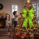 22'' x 15'' Lime Green Bow Christmas Tree Topper with LED String Lights Extra Large Faux Fur Furry Green Christmas Bows for Tree Door Wreath Window Fireplace Stair Railings Decor