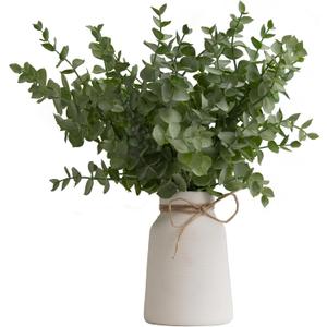 Artificial Eucalyptus Stems in White Ribbed Texture Ceramic Vase,Realistic Greenery 14" Faux Plant Arrangements Home Decor Weddings Centerpieces