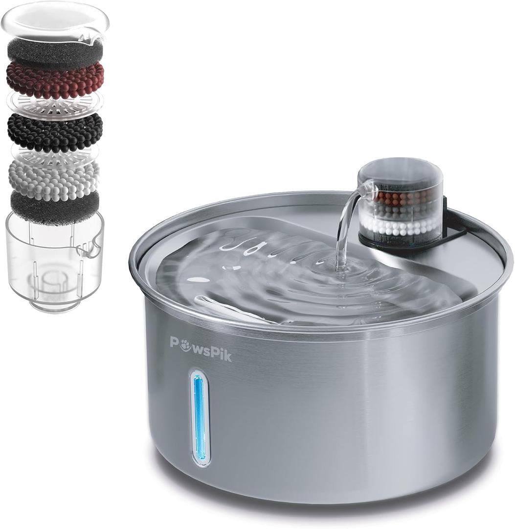 PawsPik PureFlow MAX Automatic Pet Water Dispenser, Stainless Steel Curve Dog & Cat Water Fountain, 3.2-Liter for Fresh, Long-Lasting Hydration (Silver)