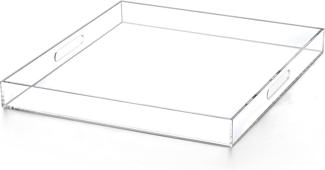Extra Large Clear Modern Acrylic Ottoman Tray with Cutout Handles 22x22 Inch Over-Sized Serving Tray Organizer Boot Tray Decorative Tray for Living Room Bedroom Entryway and Kitchen Tabletop