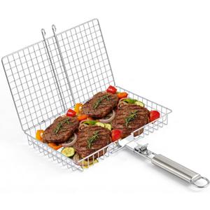 Grill Basket, Stainless Steel Fish Grill Baskets for Outdoor with Detachable Handle - Perfect for Fish, Meat, Vegetables and Ideal as Grilling Gifts for Dad, Barbecue Accessories for Camping and Cooking Essentials.